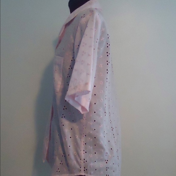 60s Pink Eyelet Button Up Top Short Sleeve  L, XL - Picture 2 of 4