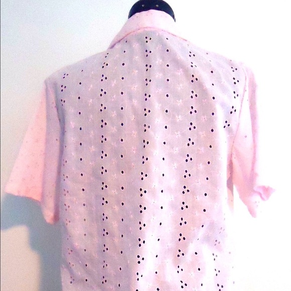 60s Pink Eyelet Button Up Top Short Sleeve  L, XL - Picture 3 of 4