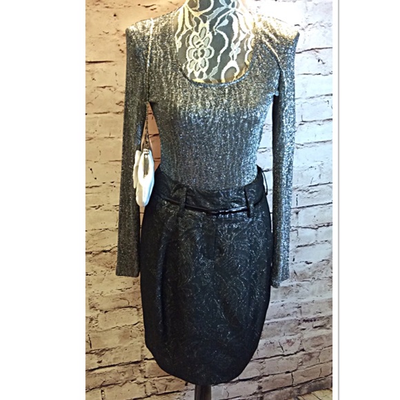 Cache Tops - CACHE METALLIC SILVER/BLACK BODYSUIT