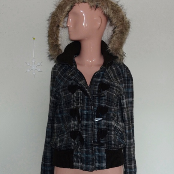 Plaid Jacket W/ Faux Fur Hood