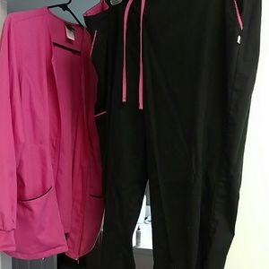 Pink jacket and black scrub set