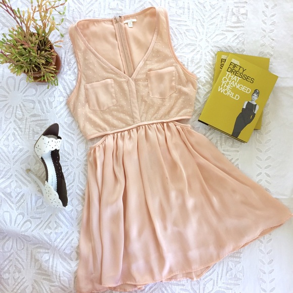 Peach Side Cutout Flowy Polka Dot Dress