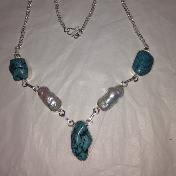 Turquoise Biwa Pearl 925 Sterling silver necklace