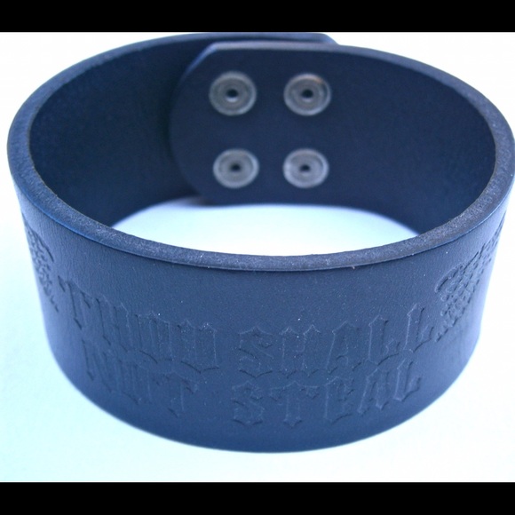 Tooled All Black Leather Wrist Strap Bracelet