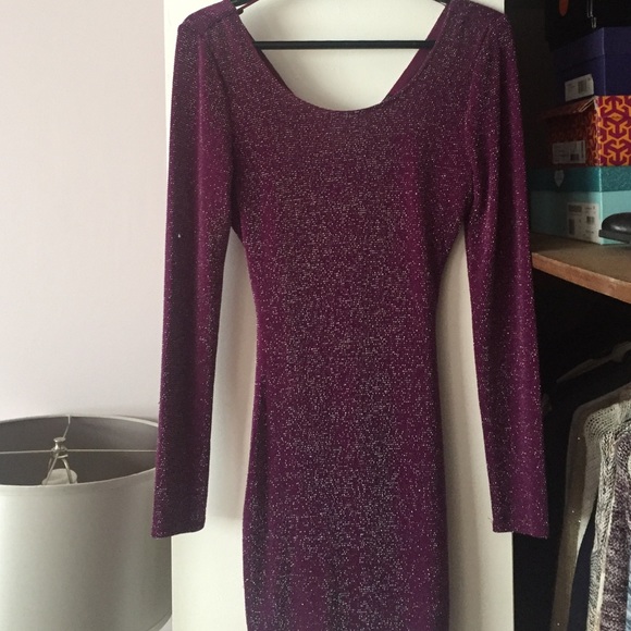 GUESS Mini Bodycon purple Silver Sparkly Long Sleeve Cut Out Back Dress S - Picture 2 of 12