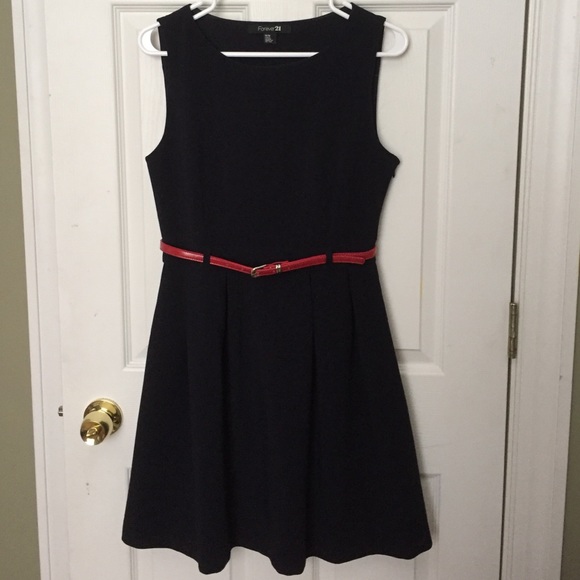Dark navy/black fit/ flare dress with red belt