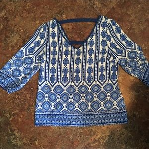 Blue and white patterned Francesca's blouse