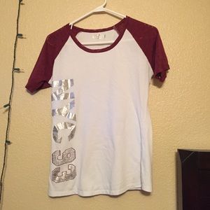White T shirt w/ maroon sleeves