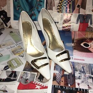 White BCBG Katchen Pumps with gold buckle