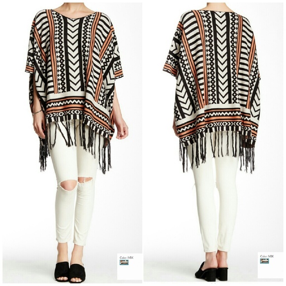 NEW Tribal Aztec Knit Poncho - Black/White/Orange - Picture 4 of 5