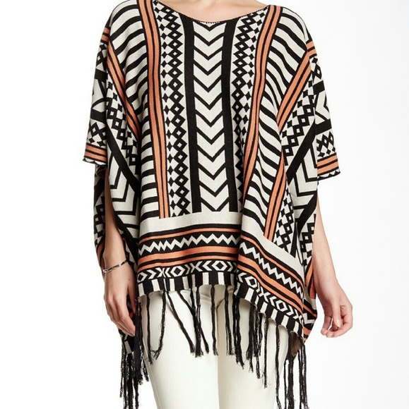 NEW Tribal Aztec Knit Poncho - Black/White/Orange - Picture 2 of 5
