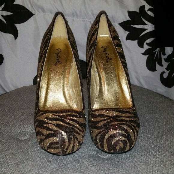 Brown & Gold Sparkle Zebra Print heels by QUPID - Picture 2 of 4