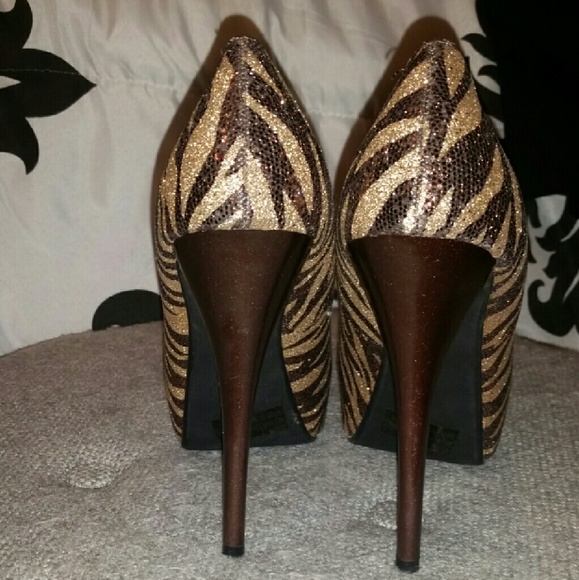 Brown & Gold Sparkle Zebra Print heels by QUPID - Picture 3 of 4