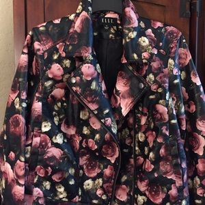Elle faux leather floral print moto-style jacket.