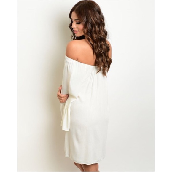 Ivory Off Shoulder Bell Sleeve Tunic Dress S M L - Picture 2 of 2