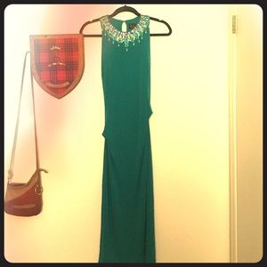 Teal Beaded Neckline Midi Dress