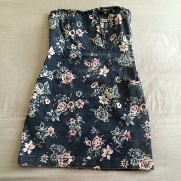 Strapless floral denim dress