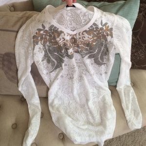 White long sleeve Cabi shirt, sheer with design