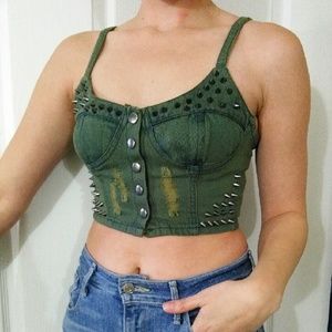 NEW Olive Green Denim Spike Crop Top Size Small