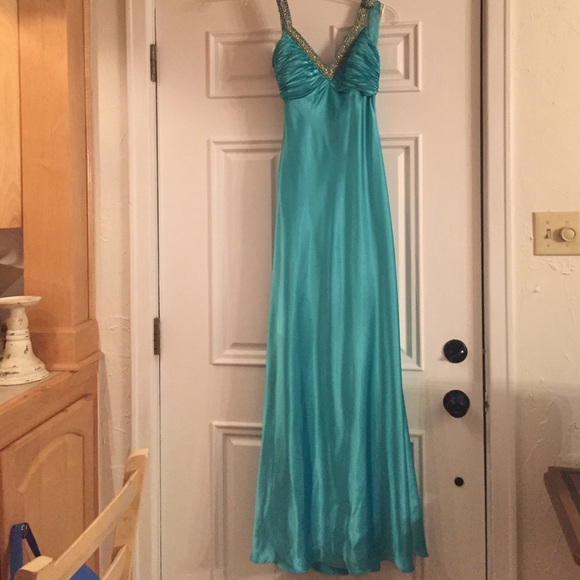 Aqua Satin beaded strap prom dress
