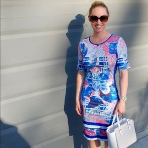Dresses - Blue Short Sleeve Print Sheath Dress Dresses - Blue Short Sleeve Print Sheath Dress