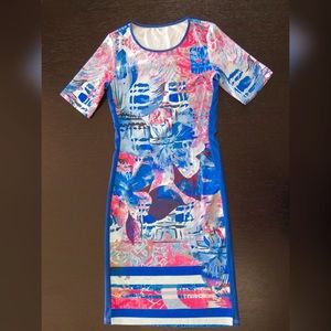 Dresses - Blue Short Sleeve Print Sheath Dress Dresses - Blue Short Sleeve Print Sheath Dress