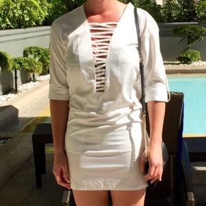 Dresses - White Long Sleeve Pockets Dress Beach Coverup Dresses - White Long Sleeve Pockets Dress Beach Coverup