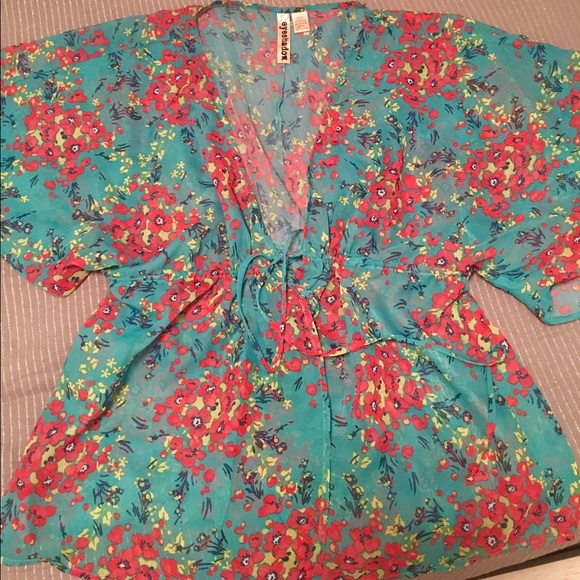 Cute sheer teal flower kimono top