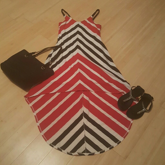 Red, white, black high low sleeveless dress