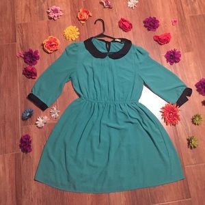 Pan collar teal elastic waist 3/4 sleeve dress