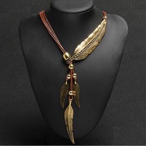 Earthy unisex leather feather statement necklace