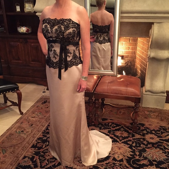 Strapless Gold with Black Lace Formal Gown