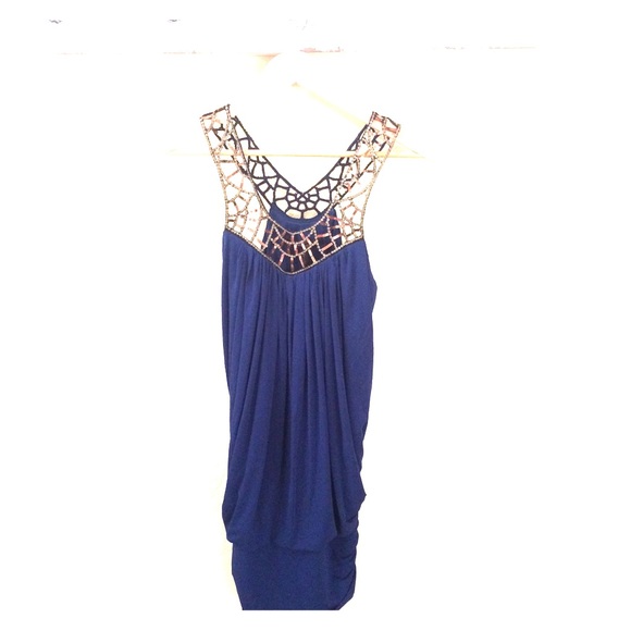bcbg blue and gold dress
