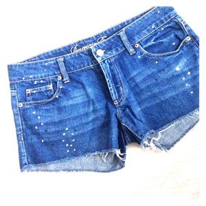 Cutoff Denim AEO Shorts with Paint Splatter