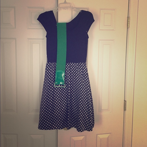 Maurice's black polka dot dress with green belt