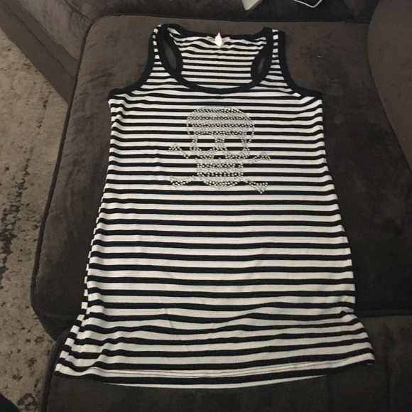 Striped black & white crystal skull detail tanktop