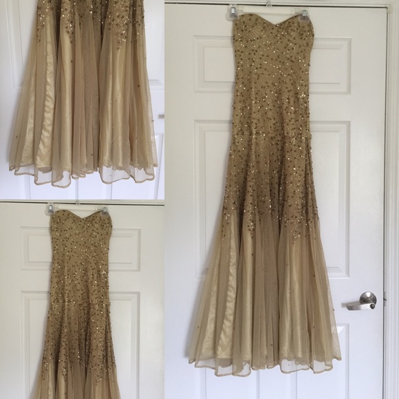 Scala Gold Sequin Beaded Strapless Gown Prom Dress - Picture 2 of 4