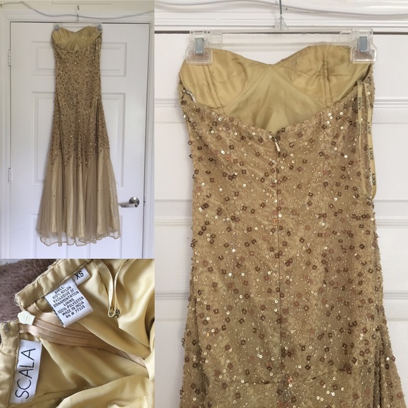 Scala Gold Sequin Beaded Strapless Gown Prom Dress - Picture 3 of 4