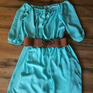 Teal boutique dresses with elastic brown belt