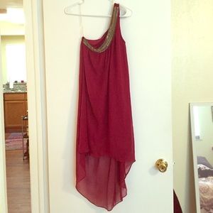 Burgundy Bling High Low One Shoulder Dress