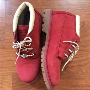 Red Timberland waterproof boots