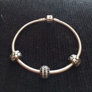 Pandora 8" bracelet with 2 clips and bead.