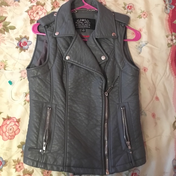 Grey faux leather biker style vest by Blanc Noir