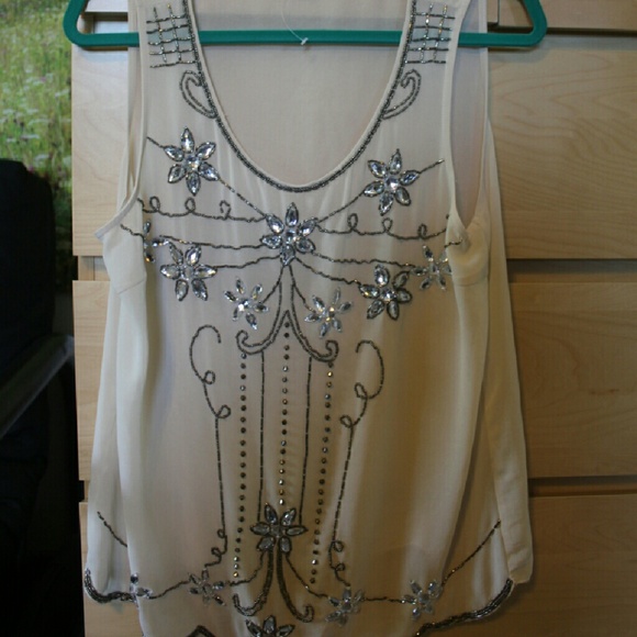 Eggshell Colored Jewel Embellished Sheer Tank Top - Picture 1 of 1