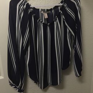 Navy blue and white stiped sheer blouse