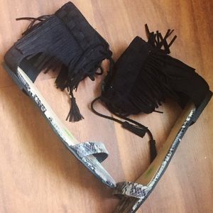 Fringe + Snakeskin flat sandals