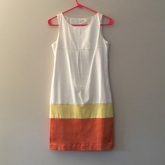 White, yellow and orange shift dress.