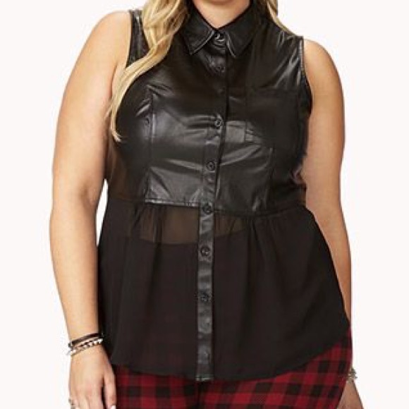 Faux Leather and Chiffon Button Up Tank