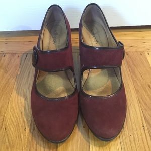 Burgundy suede mary jane pumps