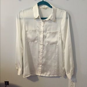 Silky sheer white button down top, gold accents